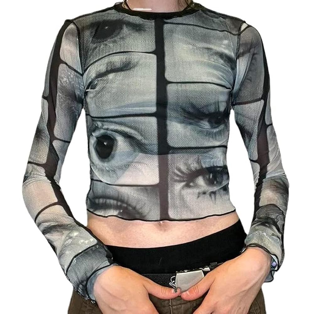 Fairy Grunge Mesh Blouse Fairycore Eyes Printed Crop Tops